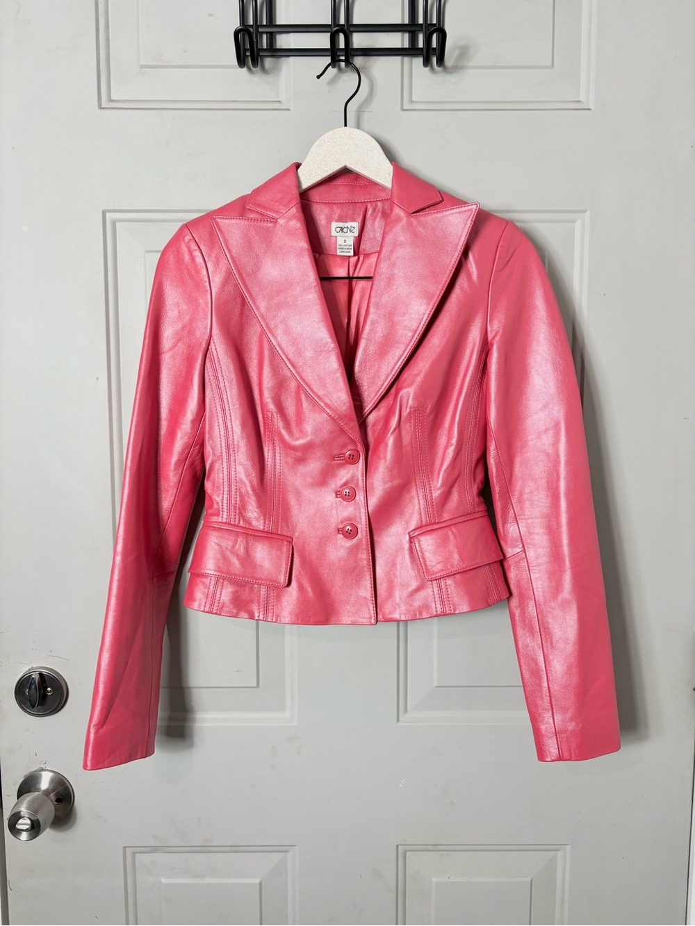 Cache Vintage Rare 90s 100% Leather Pink Cropped Blazer Jacket size 2